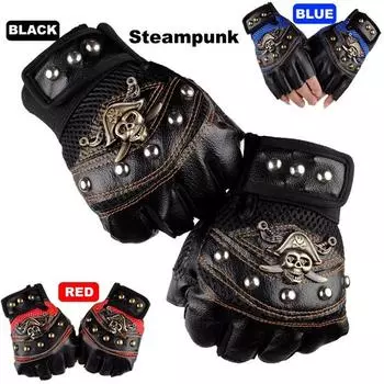 Черные заклепки из искусственной кожи, пиратский череп, панк, мотоциклетные, байкерские, тактические перчатки без пальцев, мужские перчатки в стиле стимпанк красный