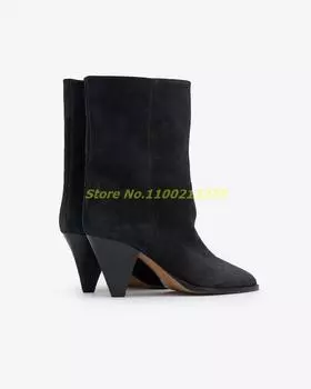 Черные замшевые ботильоны на шпильках, модные женские ботинки на зиму и осень, сексуальные туфли с острым носком 34 чёрный