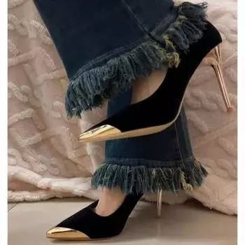 Черные замшевые туфли на высоком каблуке из металла, женские туфли на тонком каблуке 2025 года, новые туфли для банкета, для пожилых людей, Imperial Sister, с заостренным носком 35