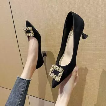 Черные замшевые вечерние туфли на высоком каблуке во французском стиле — универсальная, удобная модная обувь для женщин. 39 серый