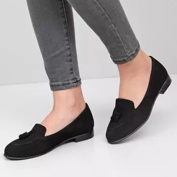 Черные замшевые женские туфли на плоской подошве с круглым носком и кисточками из натуральной кожи с круглым носком