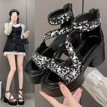 Черные женские босоножки на танкетке 2024 года, летние босоножки на платформе, гладиаторские туфли, женские удобные повседневные босоножки на среднем высоком каблуке 34 чёрный