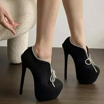 Черные женские ботильоны на шпильке со шнуровкой и стразами на платформе, с круглым носком, из замши и кожи, без застежек, на тонком высоком каблуке 16 см, клуб 35