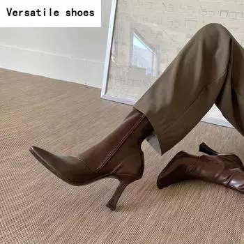 Черные женские ботильоны на тонком высоком каблуке, модные, с острым носком, на молнии, зимние женские туфли, кожаные, белые, короткие, ботильоны 35