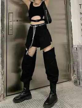 Черные женские брюки-карго в стиле Харадзюку, готические джинсы в стиле гранж-панк, джинсовые брюки с высокой талией, корейская уличная одежда, большие размеры в стиле хип-хоп S чёрный