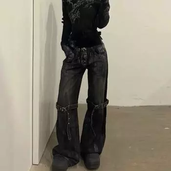 Черные женские джинсы с высокой талией, прямые модные брюки в стиле хип-хоп, уличная одежда Harajuku Y2K Star 2024, женские широкие джинсовые брюки L чёрный