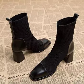 Черные женские короткие ботильоны, обувь-носки, современные ботильоны, высокие каблуки, кожаные осенние ботинки на каблуке, туфли-лодочки для женщин 35