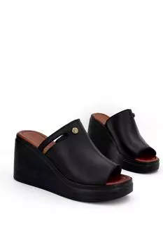 Черные женские кожаные тапочки на танкетке из натуральной кожи