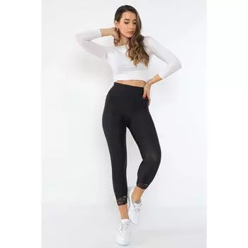 Черные женские леггинсы с кружевной вышивкой и очень высокой талией