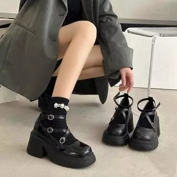 Черные женские мокасины на платформе, женские туфли Мэри Джейн, массивные высокие каблуки, перекрестные пряжки на ремне, женские туфли-лодочки, весна-осень 35