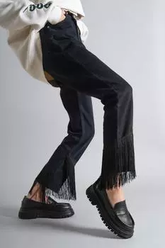 Черные женские повседневные кожаные лоферы из натуральной кожи на толстой подошве