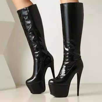 Черные женские сапоги до колена на платформе, сексуальные зимние туфли 2025 года, на молнии, сексуальные, на тонком каблуке, длинные, фетиш-сапоги для вечеринок, женские, большой размер 45 34