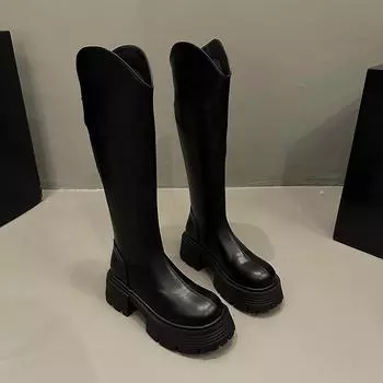 Черные женские сапоги Petite на толстой подошве с высоким каблуком, длинные сапоги выше колена, рыцарские сапоги, осень/зима 35