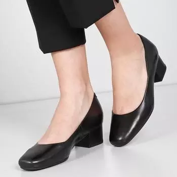 Черные женские туфли из натуральной кожи с круглым носком на толстом каблуке