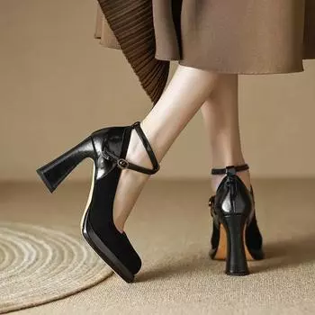 Черные женские туфли-лодочки из замши на высоком каблуке, женские туфли с перекрестными ремешками на щиколотке, туфли на каблуке с квадратным носком, неглубокие одинарные туфли Tacones Para Mujer 34 коричневый