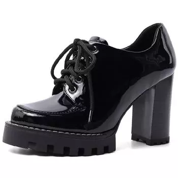 Черные женские туфли-лодочки на каблуке из натуральной кожи на шнуровке на платформе с высоким каблуком, ботильоны, качественная женская обувь для вечеринок, весна-осень 34 чёрный