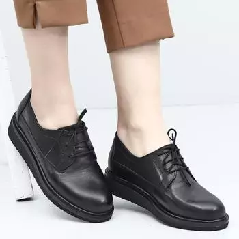 ЧЕРНЫЕ Женские туфли на шнуровке из натуральной кожи с круглым носком и мягкой подошвой