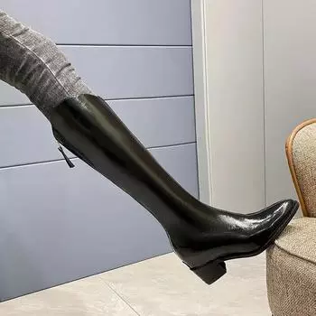 Черные женские туфли с острым носком и высоким голенищем, водонепроницаемые женские длинные сапоги, мода для косплея 2024 года, шикарные и элегантные, новые, из искусственной кожи 35