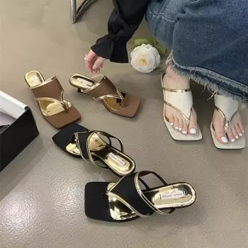 Черные золотые шлепанцы Pinch feet женская обувь летняя одежда 2025 новый темперамент ins сандалии сандалии на высоком каблуке 35 чёрный