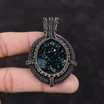 Черный эфиопский опал, кулон с драгоценным камнем, медная проволока, кулон ручной работы, медный ювелирный дизайнер, кулон, проволочная пленка, ювелирный подарок для друга