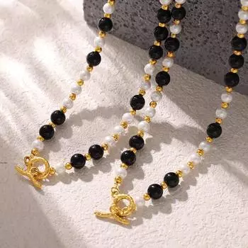 Черный агат и белые ракушки бусины нитка бусины цепи аксессуары женские легкие роскошные ветровое титан сталь Ot пряжка ожерелье