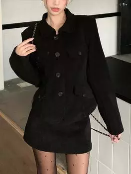 Черный элегантный комплект из двух предметов на флисовой подкладке, женские новые пуговицы в стиле ретро, однотонная мини-юбка, женский модный дизайн, офисный женский повседневный костюм 2024 S чёрный