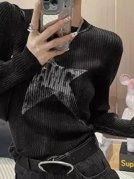 Черный элегантный полосатый свитер Y2k, женский свитер с круглым вырезом, винтажный принт со звездами, тонкий вязаный пуловер, женский корейский модный повседневный джемпер, новинка 2024 года S чёрный