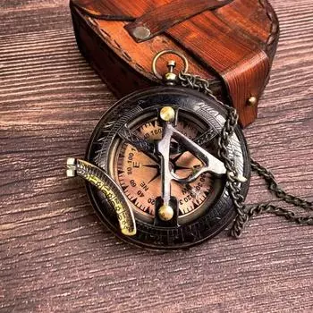 Черный антикварный латунный рабочий компас с цепочкой, солнечный компас с кожаным футляром, подарок паре, подарок на День святого Валентина, подарок для него