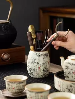 Черный бамбуковый чайный сервиз Ru Kiln Керамика Чайная церемония кунг-фу Желтые аксессуары Хранение Китайская чайная банка Посуда Пенал для ручек Горшок