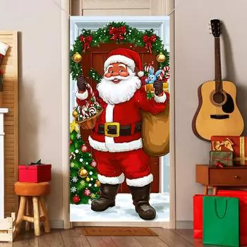 Черный баннер Санта-Клауса 185*90 см, рождественское дверное покрывало, веселые рождественские украшения, настенное крепление для рождественской вечеринки 90x185cm