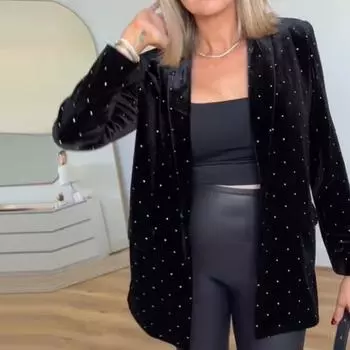 Черный бархатный блейзер с бриллиантами, женский свободный пиджак с V-образным вырезом, модный повседневный однотонный пиджак с длинными рукавами для поездок на работу, весна-осень S чёрный