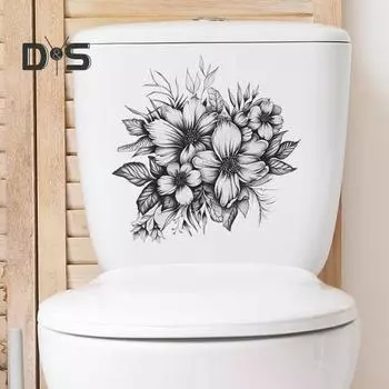 Черный Белый Цветок Наклейка на Туалет Съемная Самоклеящаяся Водонепроницаемая ПВХ Гостиная Стена Искусства Ванная Комната Крышка Унитаза Украшение Наклейка чёрный