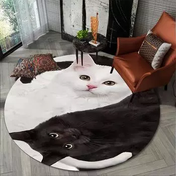 Черный Белый Кот Принт Узор Круглый Ковер Добро Пожаловать Входной Коврик Гостиная Спальня Прикроватный Нескользящий Коврик Домашний Декор Комнаты 60x60cm 24 24in