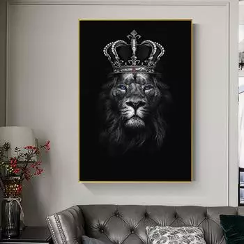 Черный, белый, лев, лев с короной, постеры и принты, настенная живопись на холсте, картины для гостиной, украшения дома, Cuadros 21*30cm