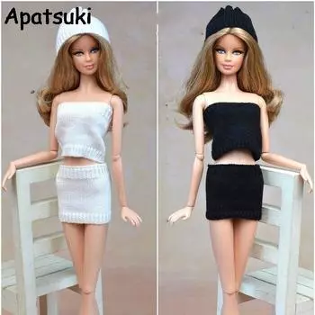Черный белый свитер без бретелек топ одежда куклы аксессуары для куклы Барби вязание мягкая шерсть можно носить как юбку, топ, шляпу белый