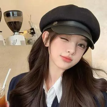 Черный берет с утиным язычком, женская, осень-зима 2024 года, новая шляпа газетчика, показывающая лицо, маленькая восьмиугольная шляпа, большая окружность головы, шляпа художника M56-58cm