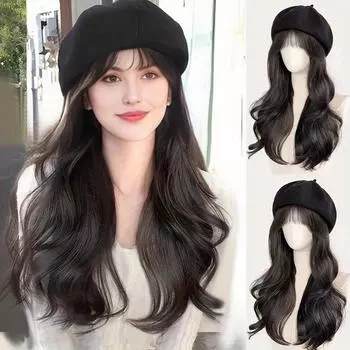 Черный берет с воздушной челкой, большой волнистый кудрявый парик для женщин из синтетического волокна, подходящий для вечеринок на Хэллоуин и Рождество