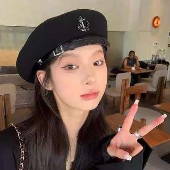 Черный берет женский осенне-зимний bud hat ins Интернет знаменитость лицо плоский верх шляпа художника прилив Интернет знаменитость ins M56-58cm чёрный