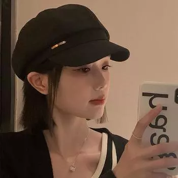 Черный берет женский осенне-зимний ins Интернет знаменитость универсальная шляпа японский большой окружность головы показывающая лицо маленькая восьмиугольная шляпа художника M56-58cm чёрный
