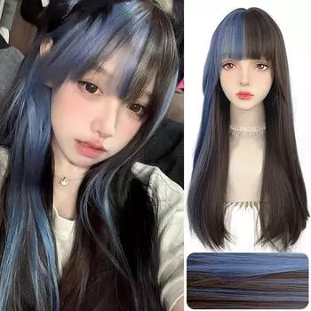 Черный блики синий прямой синтетический парик женский модный красивый Лолита прямая челка окрашенный парик для косплея вечеринки 60CM