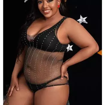 Черный Боди-тедди из сетки со стразами высокого качества, больших размеров, женское нижнее белье one size&one size