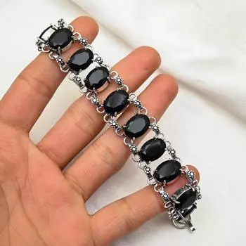 Черный браслет из шпинели, браслет из стерлингового серебра 925 пробы, ювелирные изделия ручной работы с драгоценными камнями, подарки для жены, совершенно новый браслет 8 inches with Adjustable чёрный