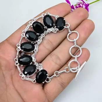 Черный браслет из шпинели, браслет из стерлингового серебра 925 пробы, ювелирные изделия ручной работы с драгоценными камнями, подарки для жены, совершенно новый браслет 8 Inches чёрный