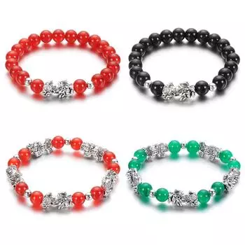 Черный браслет-манжета с бусинами для привлечения богатства, браслет из обсидиана, серебряный браслет PiXiu, фэн-шуй