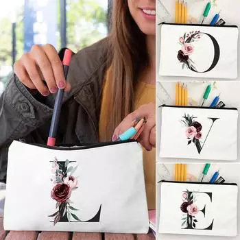 Черный Буква Цветы Карандаш Хранение Сумки Эко Холщовые Офисные Ручки Для Студентов Карандаш Сумка Органайзер Школьные Принадлежности Подарки Студентам