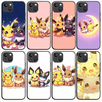 Черный чехол B-72 Pikachu и Eevee для Redmi 10A 10C 12C 13C 9A 9C 9T A3X Note 10 9 9S 10S iPhone 11 12 13 14 15 16 X XS Pro Max Mini 7 8 Plus XR Xiaomi Poco M6 5G эбеновый