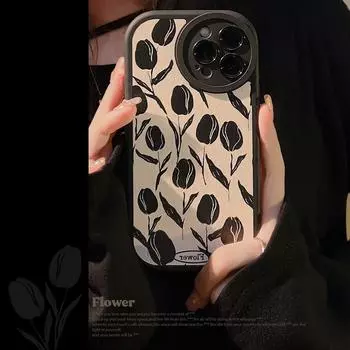 Черный чехол для Iphone 14 Plus 11 12 Promax 13 Pro Max с милыми цветами и тюльпанами, рельефный 3d кожаный мягкий силиконовый противоударный чехол для телефона For iphone 14promax