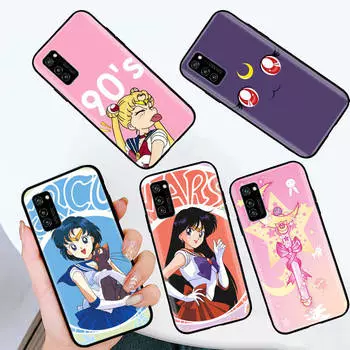 Черный чехол для iPhone 16 15 Plus 14 13 12 11 Pro 8 6 SE XR XS Max P30 Nova 5T Y5P Y6 Y7 Y8P Y9 Realme C30 C33 C31 W-67 Sailor Moon Girls VIVO Y36 кожа буйвола