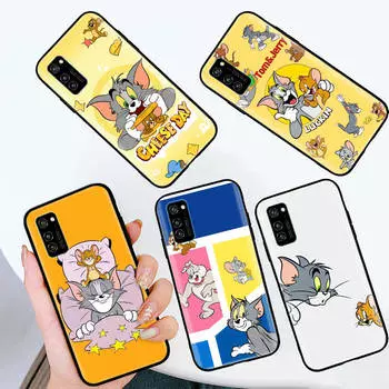 Черный чехол для Samsung Note 20 Lite S24 Ultra S23 A03 A05 A06 A11 A71 A15 A16 A13 A24 A25 A33 A52 A53 A50 M55 M35 Plus C-44 Милый Том и Джерри Samsung S20 Plus кожа буйвола