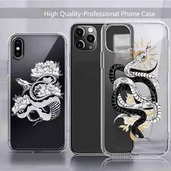 Черный чехол для телефона Flower Snake design art Прозрачный мягкий для iPhone 11 13 12 14 x xs xr pro max mini iphone 12 pro max